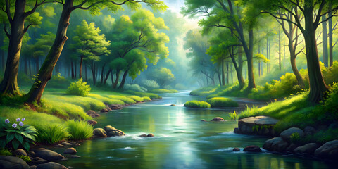 Serene painting of a river flowing through a lush forest , nature, landscape, water, trees, greenery, peaceful, tranquil