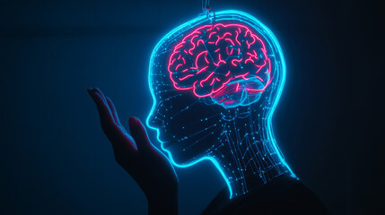 Poster - AI: an electronic brain with a neon silhouette of a human head featuring artificial intelligence, suspended above a palm. Represents a cybernetic artificial neural network, electronic mind.