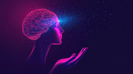 Poster - AI: an electronic brain with a neon silhouette of a human head featuring artificial intelligence, suspended above a palm. Represents a cybernetic artificial neural network, electronic mind.