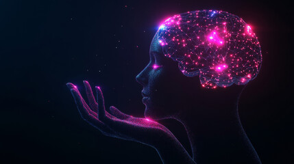 Poster - AI: an electronic brain with a neon silhouette of a human head featuring artificial intelligence, suspended above a palm. Represents a cybernetic artificial neural network, electronic mind.