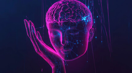 Poster - AI: an electronic brain with a neon silhouette of a human head featuring artificial intelligence, suspended above a palm. Represents a cybernetic artificial neural network, electronic mind.
