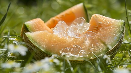 Wall Mural - On a meadow an icy cantaloupe mix with a piece of papaya