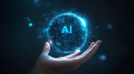 Poster - AI Artificial Intelligence logo held in a hand, representing artificial intelligence and machine learning concepts. Features a sphere grid wave with binary code, big data innovation technology, and n