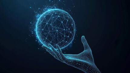 Poster - AI Artificial Intelligence logo held in a hand, representing artificial intelligence and machine learning concepts. Features a sphere grid wave with binary code, big data innovation technology, and n