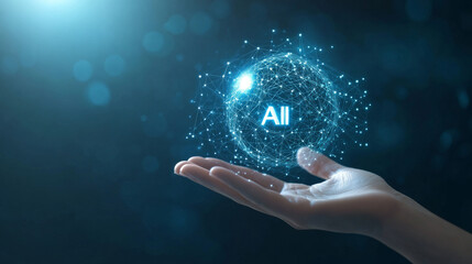 Poster - AI Artificial Intelligence logo held in a hand, representing artificial intelligence and machine learning concepts. Features a sphere grid wave with binary code, big data innovation technology, and n