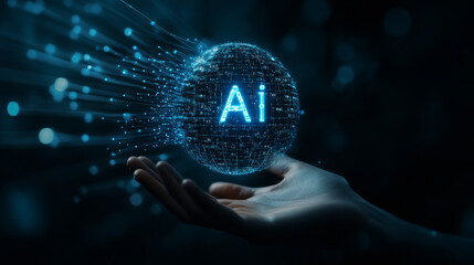 Poster - AI Artificial Intelligence logo held in a hand, representing artificial intelligence and machine learning concepts. Features a sphere grid wave with binary code, big data innovation technology, and n