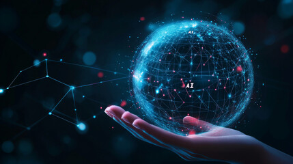 Poster - AI Artificial Intelligence logo held in a hand, representing artificial intelligence and machine learning concepts. Features a sphere grid wave with binary code, big data innovation technology, and n