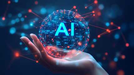 Poster - AI Artificial Intelligence logo held in a hand, representing artificial intelligence and machine learning concepts. Features a sphere grid wave with binary code, big data innovation technology, and n