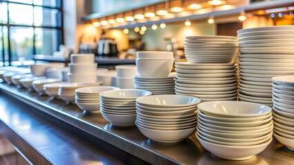 White cups and bowls neatly stacked in a coffee shop kitchen, white, cups, bowls, coffee shop, kitchen, stacked, neat