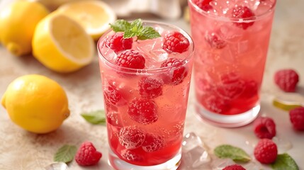 Wall Mural - On a pale table amazingly delicious raspberry lemonade