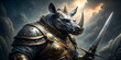 © suwatthana - Majestic of a royal rhino warrior in battle armor and holding a sword , fantasy, warrior, rhino, armor, sword, majestic