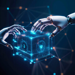 AI technology, machine learning, and chatbots: robotic and human hands exchanging data on an abstract cube network. It encompasses deep learning, innovation, and business applications.