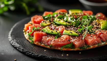 A plate of fusion sushi pizza with tuna, avocado, and sesame seeds, served on a black slate plate, trendy urban sushi bar with ambient lighting, minimalistic style, realistic, clos