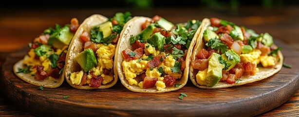 A plate of fusion breakfast tacos filled with scrambled eggs, bacon, and avocado, served on a rustic wooden board, vibrant street food market with colorful signage, soft natural li