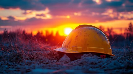 Yellow Hard Hat Resting in Dirt During Sunset