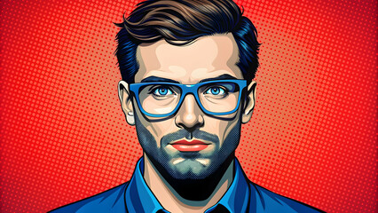 Modern pop art style man wearing glasses with blue and red colors, pop art, modern, man, glasses, blue, red, colorful, trendy