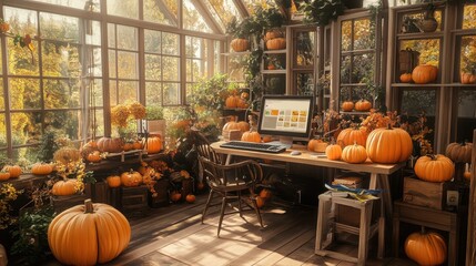 Wall Mural - Cozy Autumn Greenhouse Workspace with Pumpkins and Decor