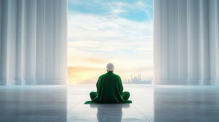 Sufi Man in Green Abaya in Grand Mosque, a serene male figure in traditional attire, surrounded by intricate architecture and expansive white space, evoking spiritual tranquility