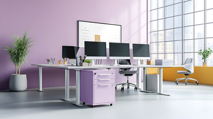 Wall Mural - Purple office coworking interior with table and pc monitors drawer and window