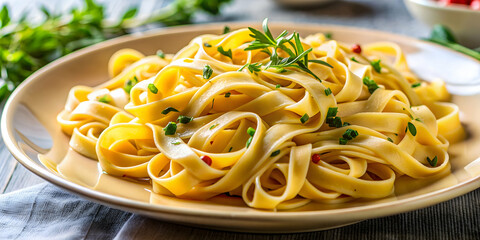 Wall Mural - Close-up of delicious and freshly cooked fettuccine pasta in Italian cuisine, Fettuccine, Pasta, Italian, Cuisine, Food