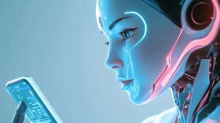 Poster - Artificial intelligence grants access to information and data in online networks through a smartphone. An AI, represented as a female cyborg or bot, emerges from the phone screen, inviting users .