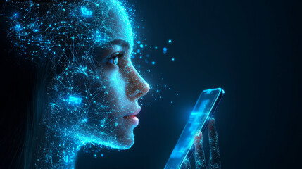 Poster - Artificial intelligence grants access to information and data in online networks through a smartphone. An AI, represented as a female cyborg or bot, emerges from the phone screen, inviting users .