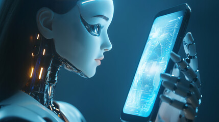 Poster - Artificial intelligence grants access to information and data in online networks through a smartphone. An AI, represented as a female cyborg or bot, emerges from the phone screen, inviting users .