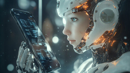 Poster - Artificial intelligence grants access to information and data in online networks through a smartphone. An AI, represented as a female cyborg or bot, emerges from the phone screen, inviting users .