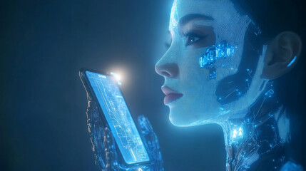 Artificial intelligence grants access to information and data in online networks through a smartphone. An AI, represented as a female cyborg or bot, emerges from the phone screen, inviting users .