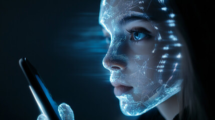 Poster - Artificial intelligence grants access to information and data in online networks through a smartphone. An AI, represented as a female cyborg or bot, emerges from the phone screen, inviting users .