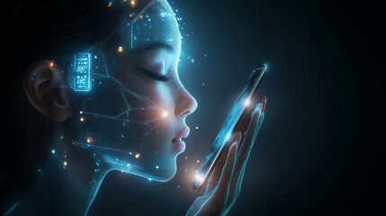 Poster - Artificial intelligence grants access to information and data in online networks through a smartphone. An AI, represented as a female cyborg or bot, emerges from the phone screen, inviting users .