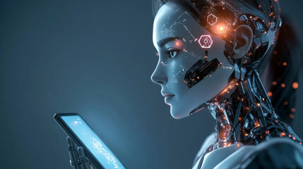 Poster - Artificial intelligence grants access to information and data in online networks through a smartphone. An AI, represented as a female cyborg or bot, emerges from the phone screen, inviting users .