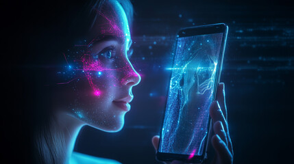 Poster - Artificial intelligence grants access to information and data in online networks through a smartphone. An AI, represented as a female cyborg or bot, emerges from the phone screen, inviting users .