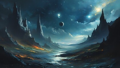 Sticker - mysterious dark fantasy landscape featuring a striking planet hovering over a distant galaxy