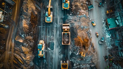 Aerial view of a road construction site with machinery and workers