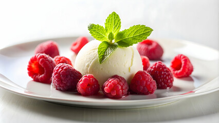 Elegant ice cream dessert with fresh raspberries on a white plate, gourmet, dessert, food, raspberry, fruit, elegant, delicious