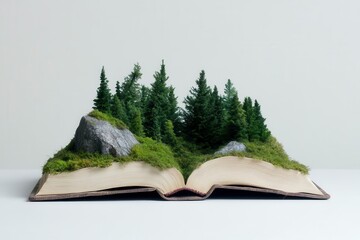 A creative representation of a book transforming into a lush forest, blending literature and nature in a whimsical way.