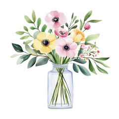 Wall Mural - Vibrant watercolor bouquet in a vase with pink and yellow flowers