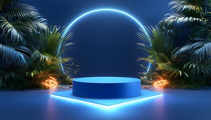 Wall Mural - Futuristic blue podium in a glowing neon tunnel with dynamic 3D lighting effects