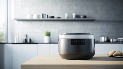 Modern rice cooker on a kitchen countertop, showcasing sleek design and functionality in a bright, contemporary kitchen space.