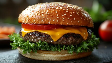 Close-up of a Juicy Cheeseburger with Lettuce and Tomato