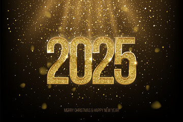 Wall Mural - 2025 happy new year greeting card vector illustration. 2025 golden numbers with gold falling confett