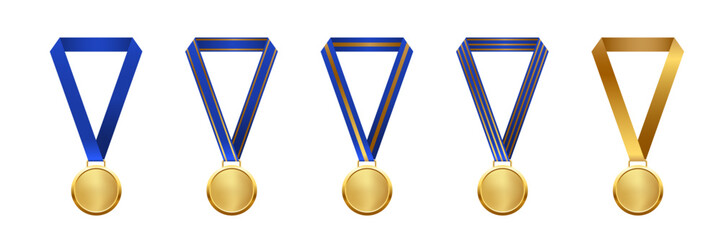 Wall Mural - gold medal with blue ribbon first place vector illustration set. realistic isolated trophy medals wi