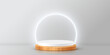 © backup16 - Wooden 3d podium with glowing neon round frame on grey background. Empty circle stand pedestal of natural wood with white top for luxury product presentation. Realistic vector illustration.
