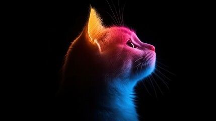 A vibrant profile of a cat illuminated by colorful light against a dark background, capturing its curious expression and whiskers.