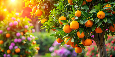 Orange tree with ripe oranges and colorful flowers , citrus, fruit, blossoms, garden, grove, sunny, vibrant, fresh, nature