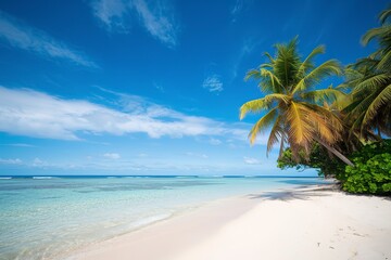 a tropical beach scene under a clear blue sky