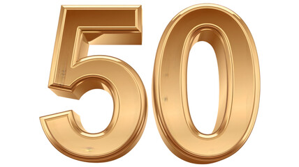 A 3D transparent representation of the number '50' in a shiny gold color