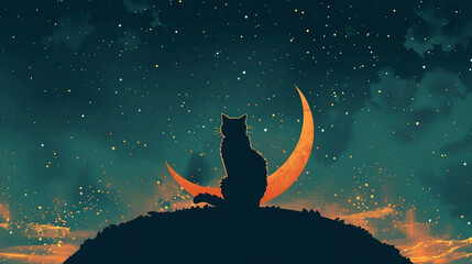 Silhouette of Cat Under Crescent Moon and Starry Sky