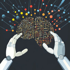 Poster - Brain and AI ('Artificial Intelligence') concept: a neural network with a robot's and a human's hands touching a digital brain featuring binary code. It represents IQ testing, machine learning.